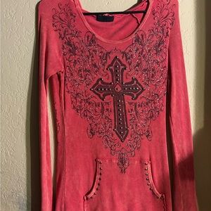 Women's Pink y2k Rhinestone Long Sleeve Top